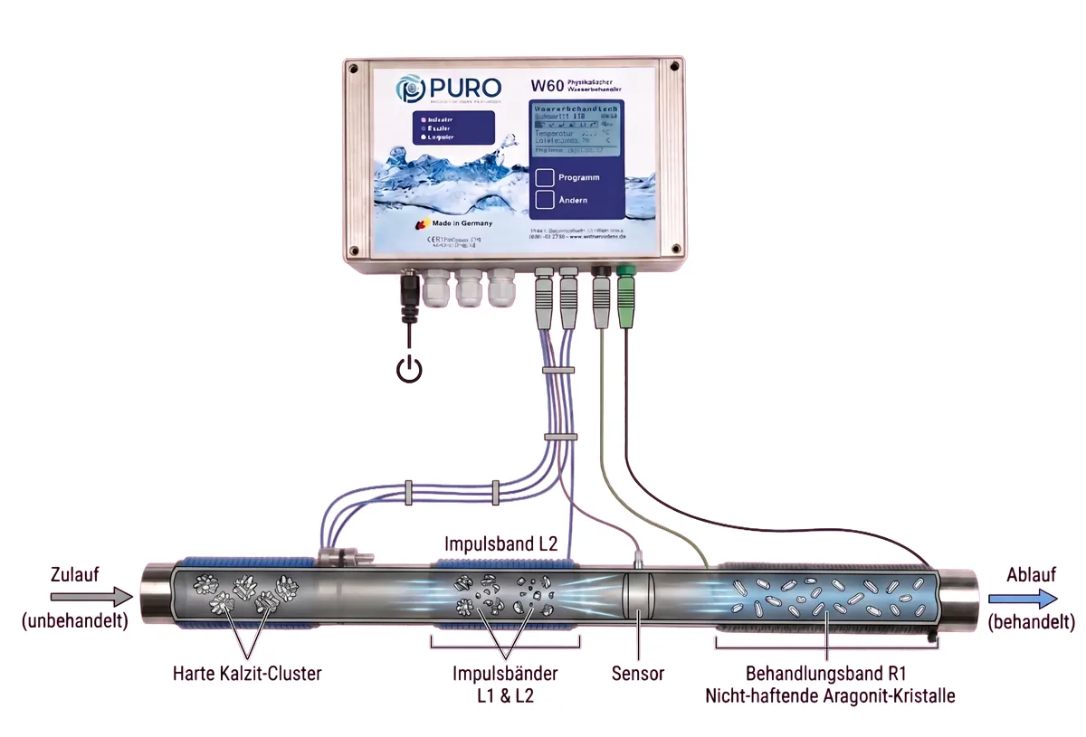 Funktionsprinzip PURO-W60: Steuergerät und Impulsbänder an der Wasserleitung